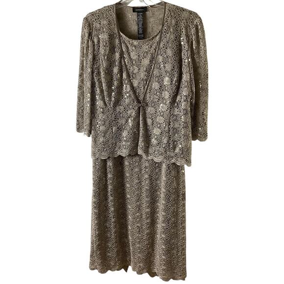 R&M Richards Dress Womens 18 Gold Lace Sequin 2 Piece Jacket Overlay Formal Set - Picture 1 of 16